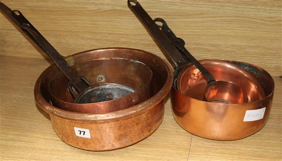 Six assorted copper saucepans